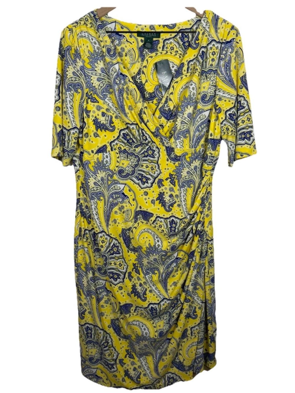 NWT Lauren Ralph Lauren Jersey Faux Wrap Midi Dress Size 16 Yellow Blue Paisley